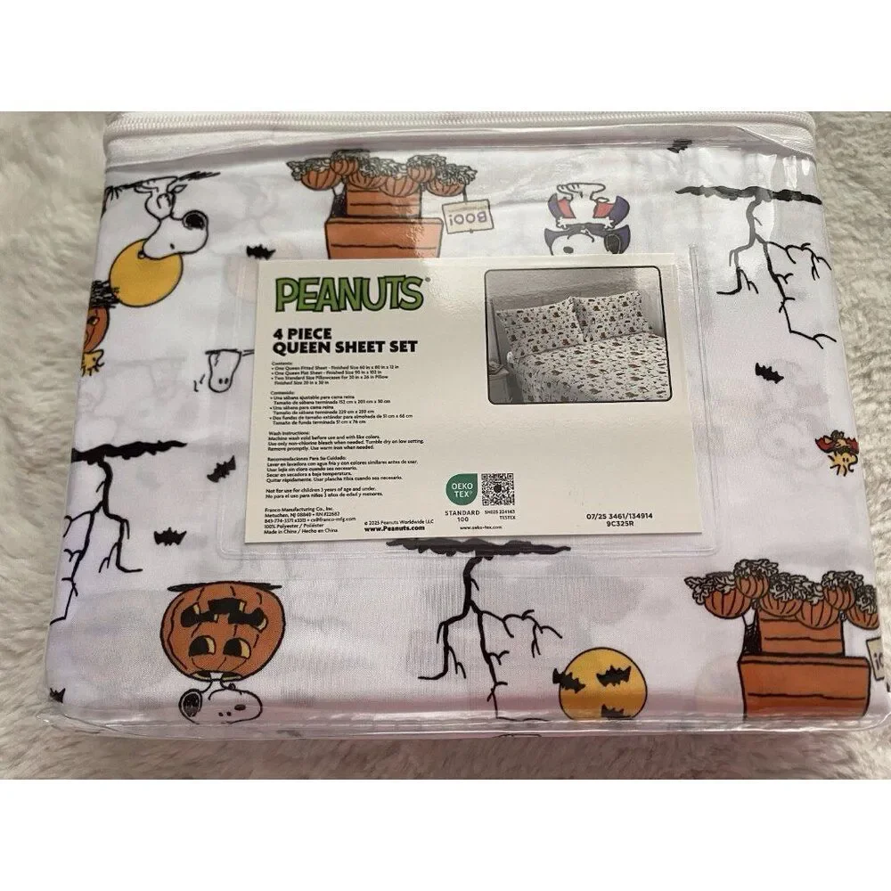 Peanuts Snoopy Woodstock Halloween QUEEN Size Sheet Set Doghouse Pumpkin Moon‎
